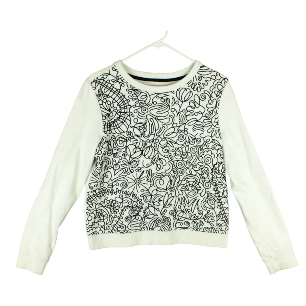 Tory Burch Women Sweatshirt White Black Doodle Flower Print Embroidered Sz S